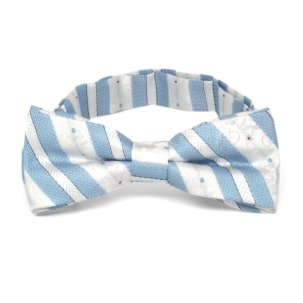 Front view of a blue and white floral stripe boys' bow tie