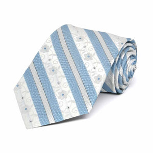 Rolled view of a blue and white floral stripe boys' necktie