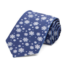 Load image into Gallery viewer, A boys&#39; dark blue and white snowflake tie