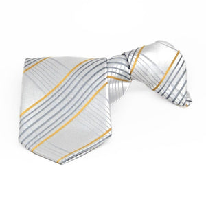 Boys' silver and gold plaid clip-on tie, folded front view