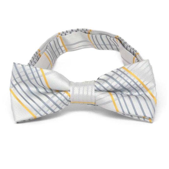Boys' silver and gold plaid bow tie, front view to show off pattern