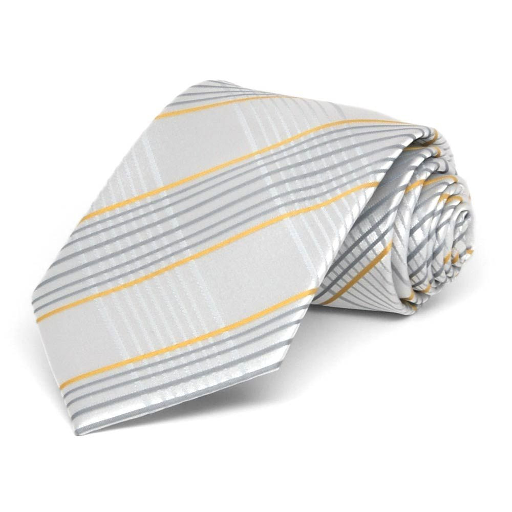 Boys' silver and gold plaid necktie, rolled to show pattern
