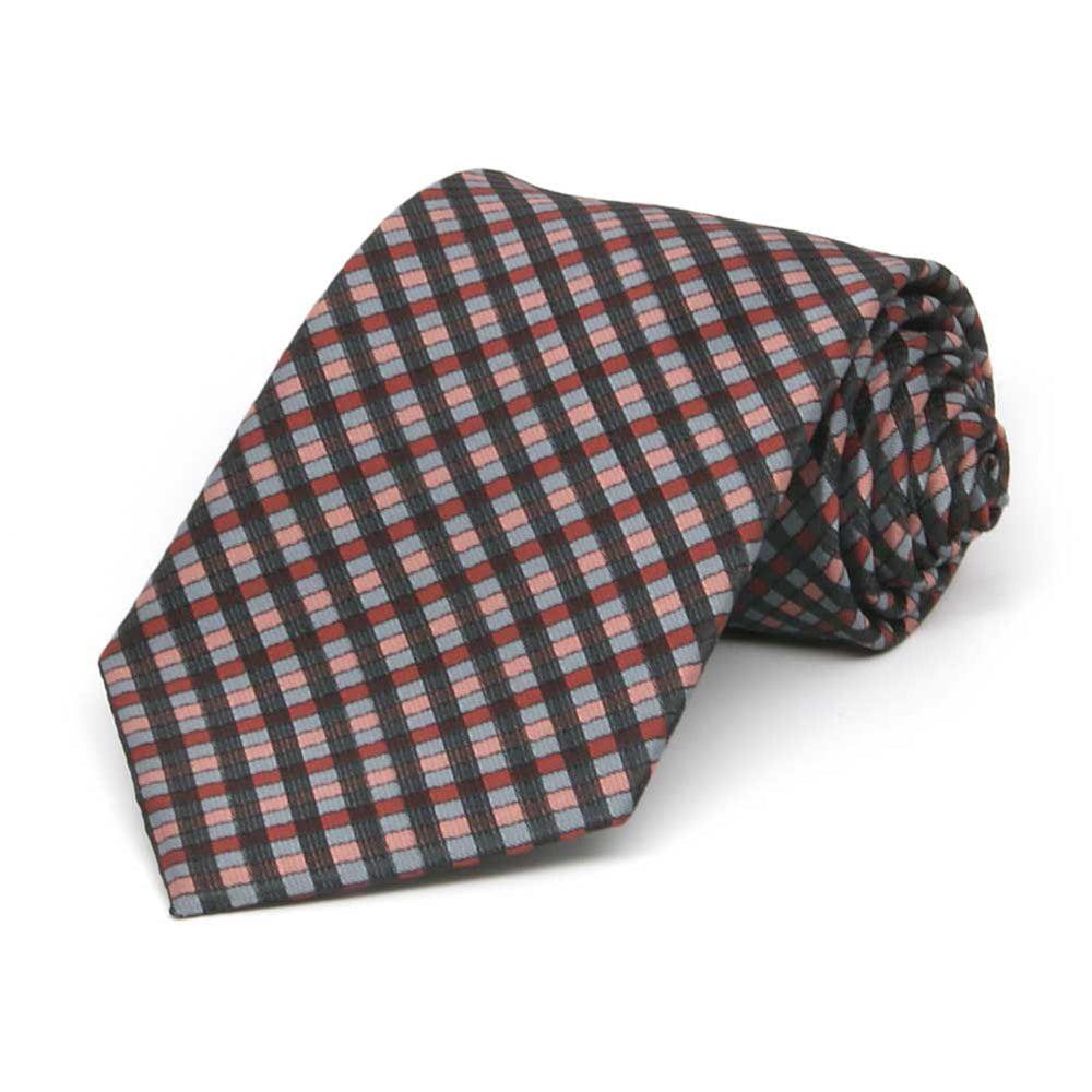 Boys' terracotta, mauve and black plaid tie, rolled view