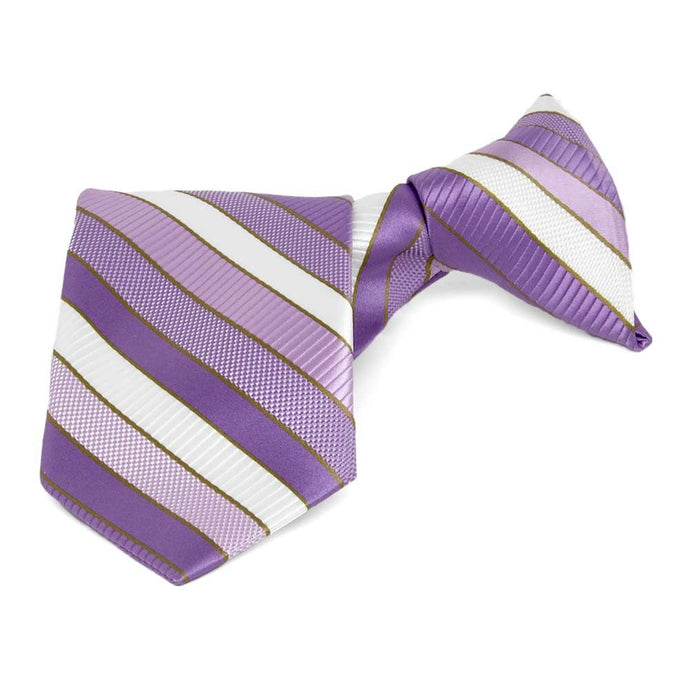 Folded front view of a purple, white and gold striped boys' clip-on style tie