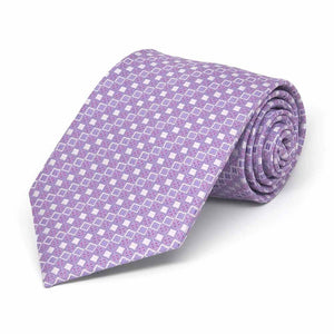 Boys' light purple square pattern necktie, rolled view to show pattern
