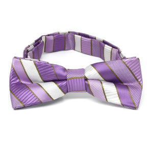 Purple, white and gold striped boys' bow tie, front view