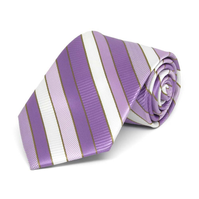 Rolled view of a purple, white and gold striped boys' necktie