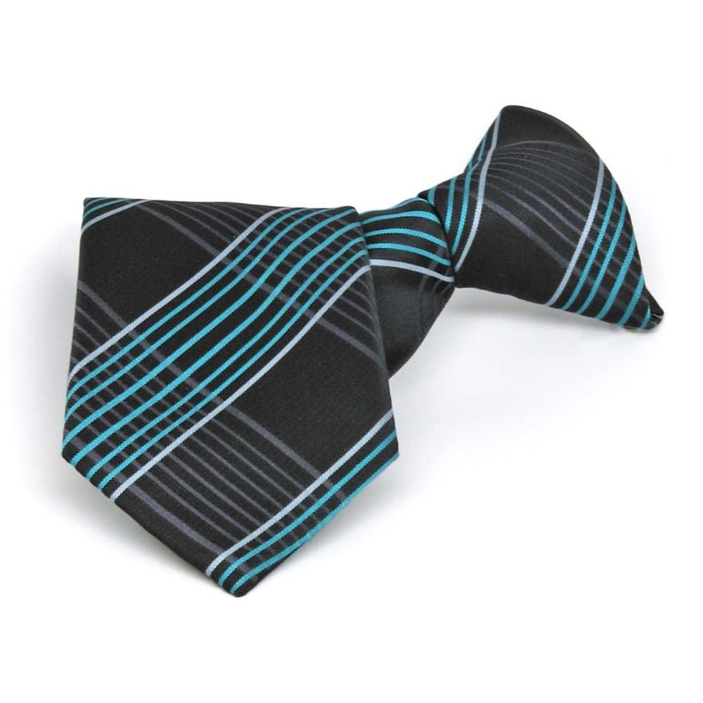 Boys' turquoise and black plaid clip-on tie, folded front view
