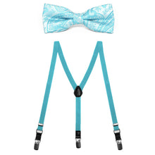 Load image into Gallery viewer, A boys&#39; turquoise paisley bow tie with a pair of turquoise solid color suspenders