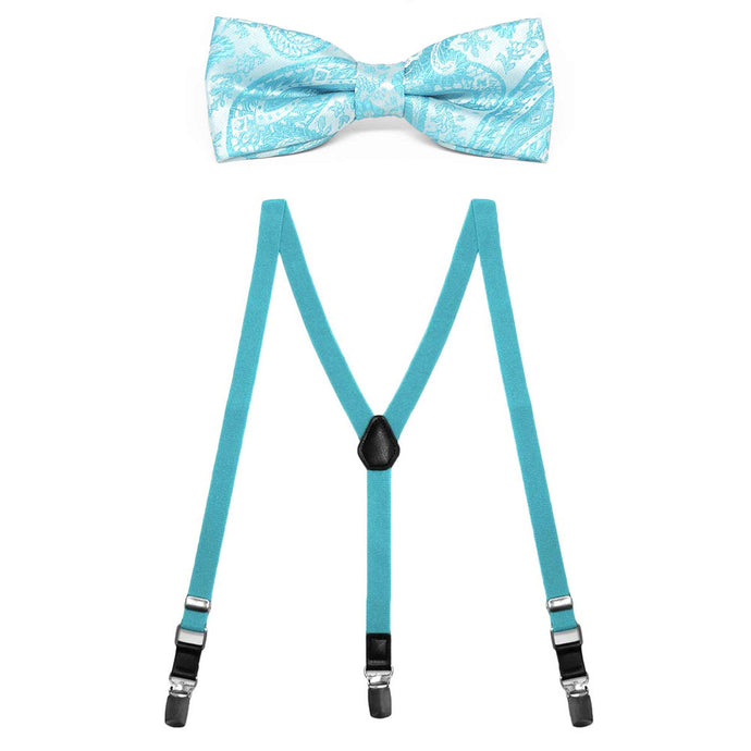 A boys' turquoise paisley bow tie with a pair of turquoise solid color suspenders