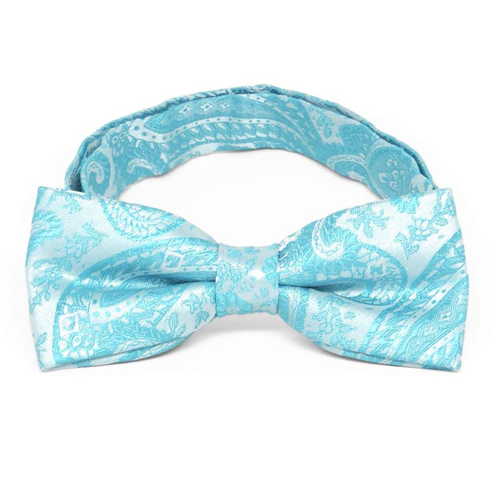 Boys' turquoise paisley bow tie, close up front view