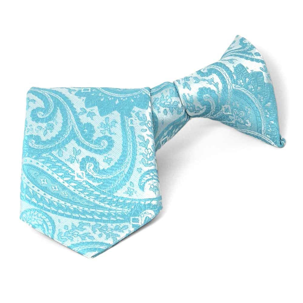 Boys' turquoise paisley clip-on tie, folded front view