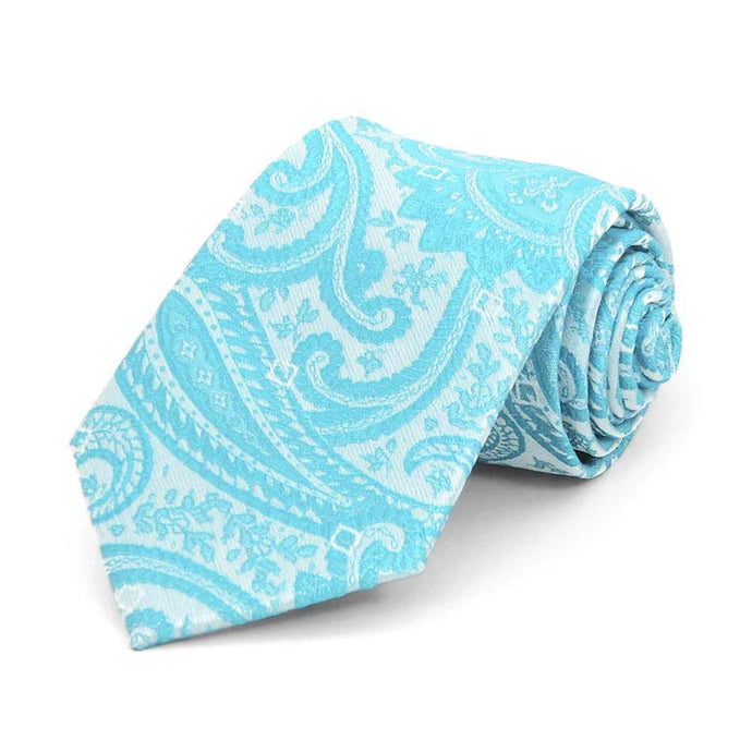 Boys' turquoise paisley necktie, rolled to show pattern up close