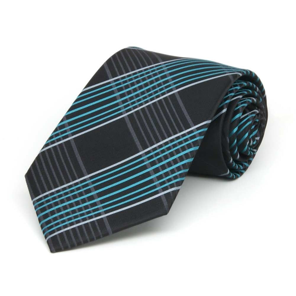 Boys' black and turquoise plaid necktie, rolled to show pattern