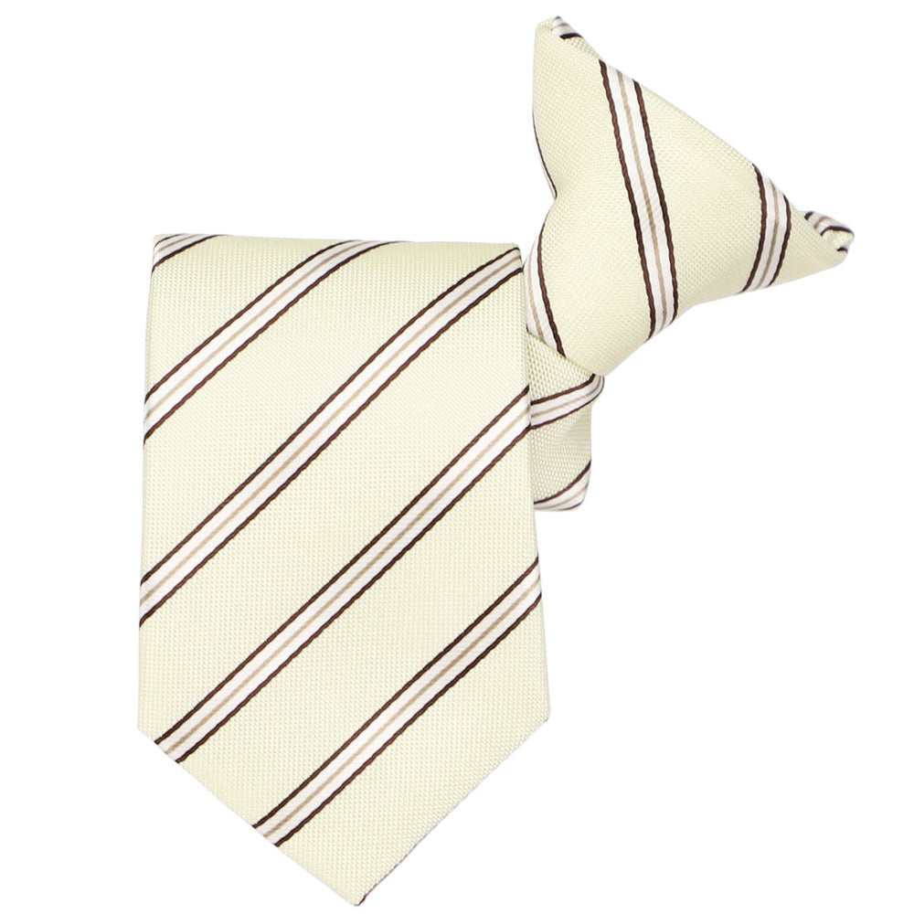 A boys striped clip-on tie in neutral shades of off white and brown