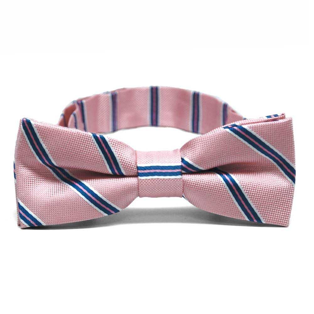 Pink, white and blue striped boys' bow tie, front view