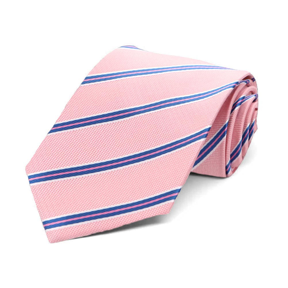Pink, white and blue striped boys' necktie, rolled view
