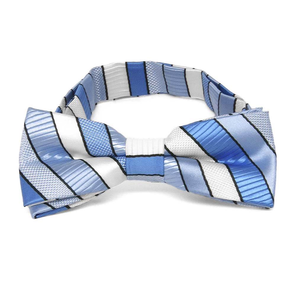 Front view of a blue and white striped boys' bow tie