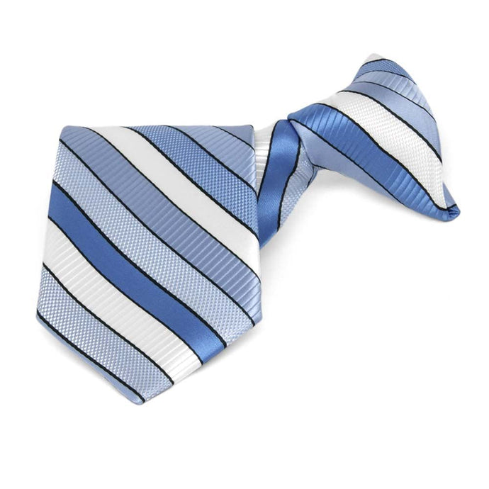 Folded front view of a blue and white striped boys' clip-on style tie