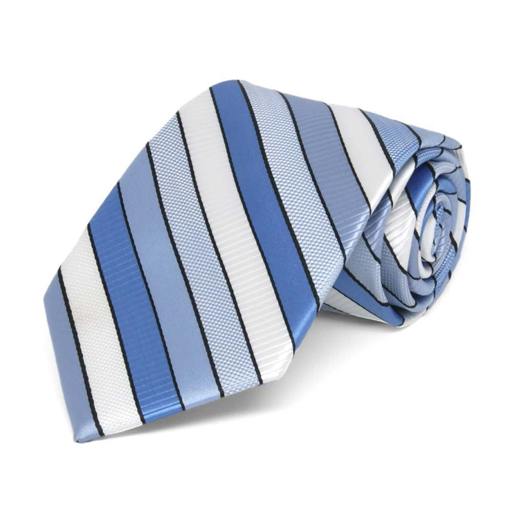 Rolled view of a blue and white striped boys' necktie