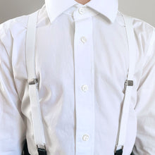 Load image into Gallery viewer, Boy wearing a pair of white suspenders over a white dress shirt