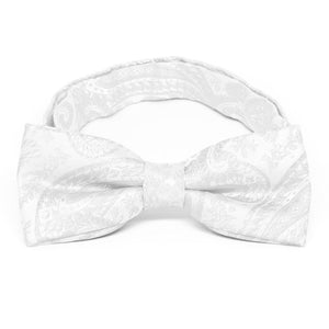 Boys' white paisley bow tie, close up front view