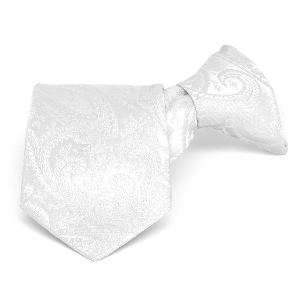 Boys' white paisley clip-on tie, folded front view