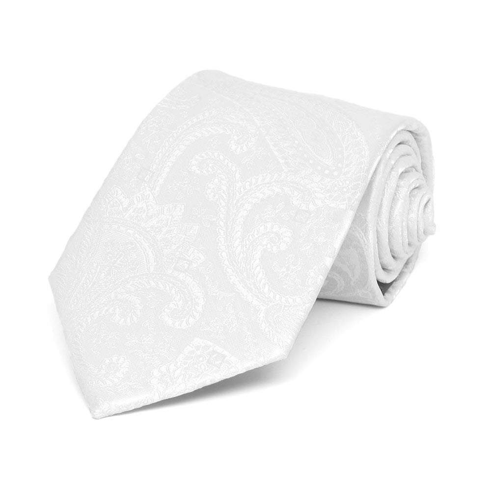 Boys' white paisley necktie, rolled to show pattern up close