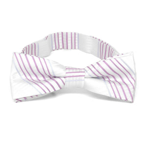 Boys' white and light purple plaid bow tie, front view