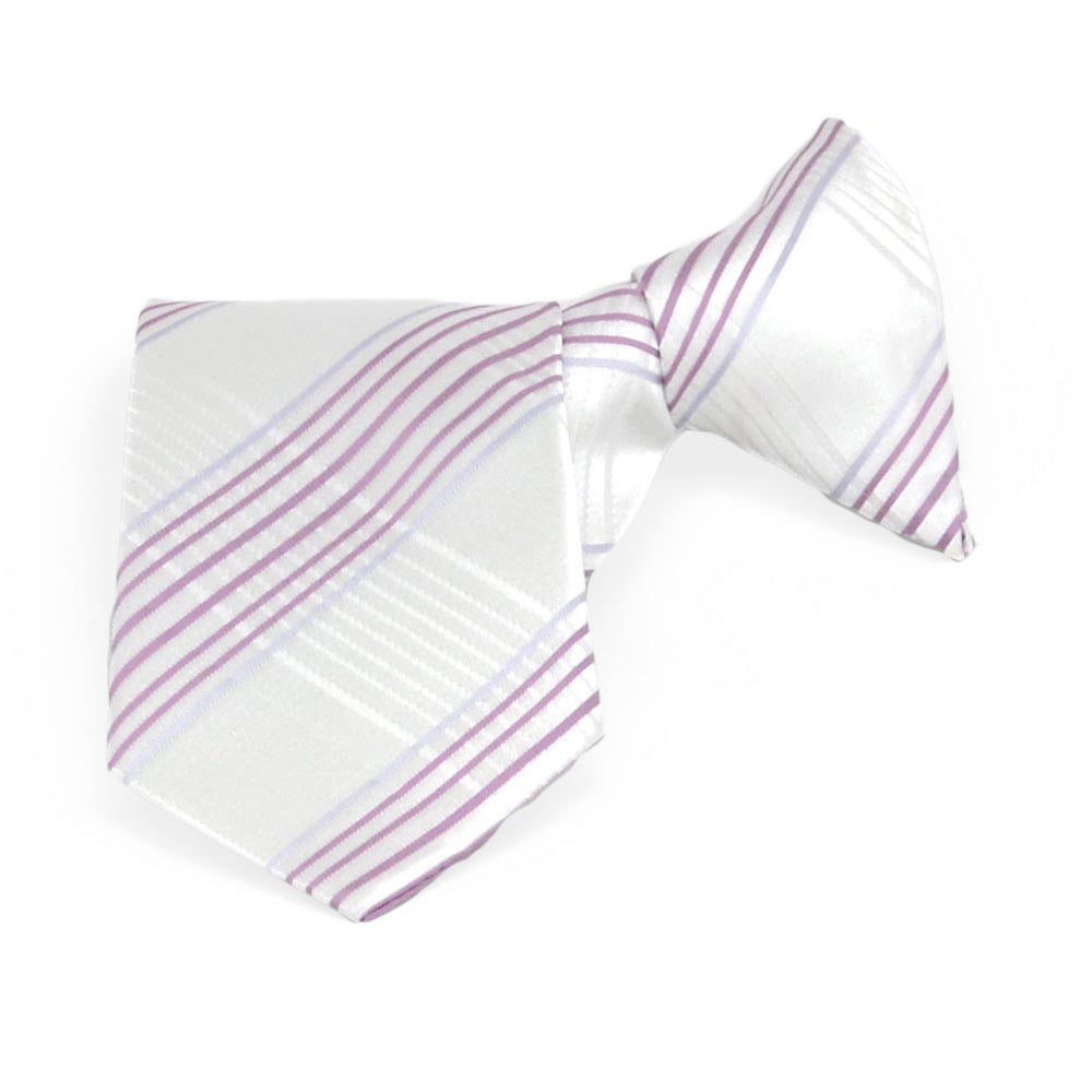 Boys' white and light purple plaid clip-on tie, folded front view