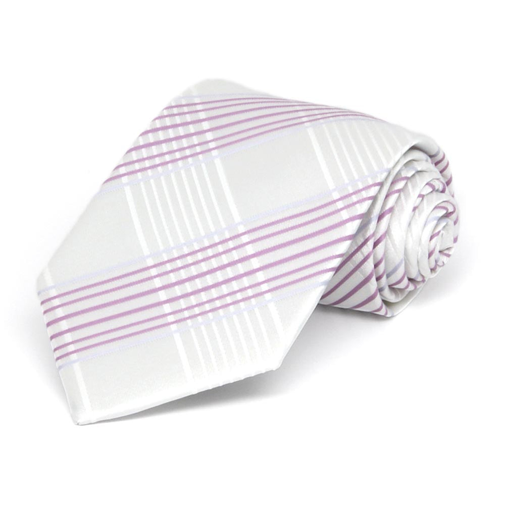 Boys' white and light purple plaid necktie, rolled view