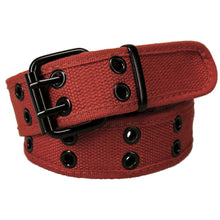 Load image into Gallery viewer, A rolled brick red double grommet belt