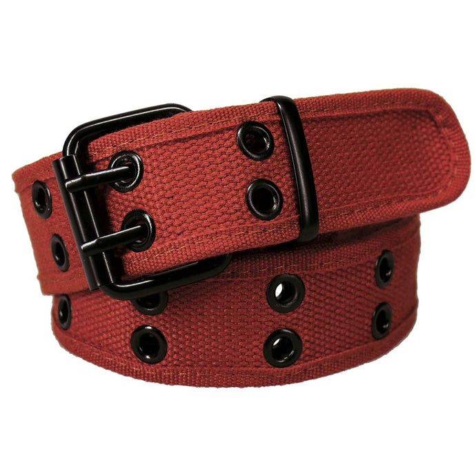 A rolled brick red double grommet belt