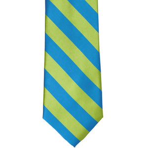 The front of a bright blue and bright green striped tie, laid out flat