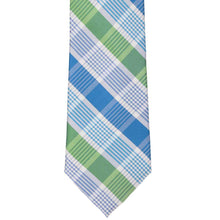 Load image into Gallery viewer, Bright blue and green plaid necktie, flat view