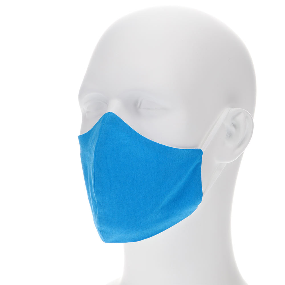 Bright blue face mask on a mannequin with filter pocket