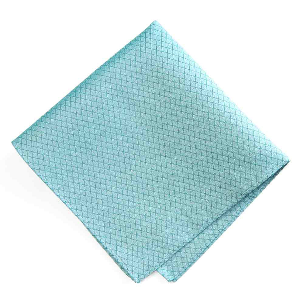 A folded bright blue pocket square with lattice texture