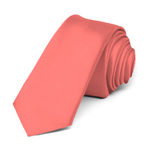 Load image into Gallery viewer, Bright Coral Premium Skinny Necktie, 2&quot; Width