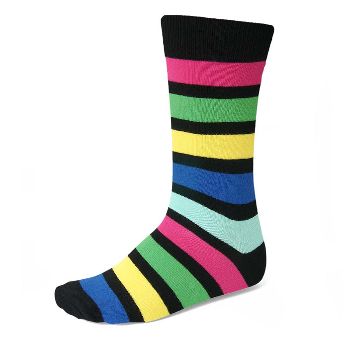 Men's colorful horizontal striped socks in black, fuchsia, green, yellow, blue and aqua