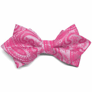 Bright fuchsia paisley diamond tip bow tie, close up front view
