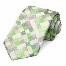 Load image into Gallery viewer, Green and gray checkered tie, rolled to show the woven texture