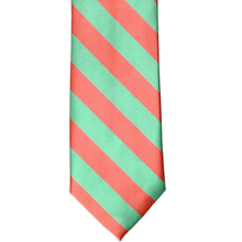Load image into Gallery viewer, The front of a bright coral and bright mint striped tie, laid out flat