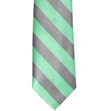 Load image into Gallery viewer, The front of a bright mint and gray striped tie, laid out flat