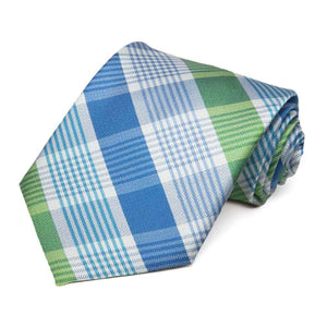 Rolled view of a blue, light green and white plaid necktie
