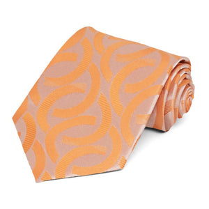 Extra long orange link pattern necktie, rolled to show texture of pattern
