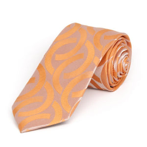 Orange link pattern slim necktie, rolled to show texture of pattern