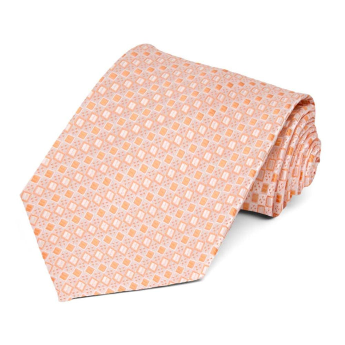 Light orange square pattern necktie, rolled to show texture
