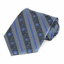 Load image into Gallery viewer, Rolled view of a blue floral stripe extra long necktie