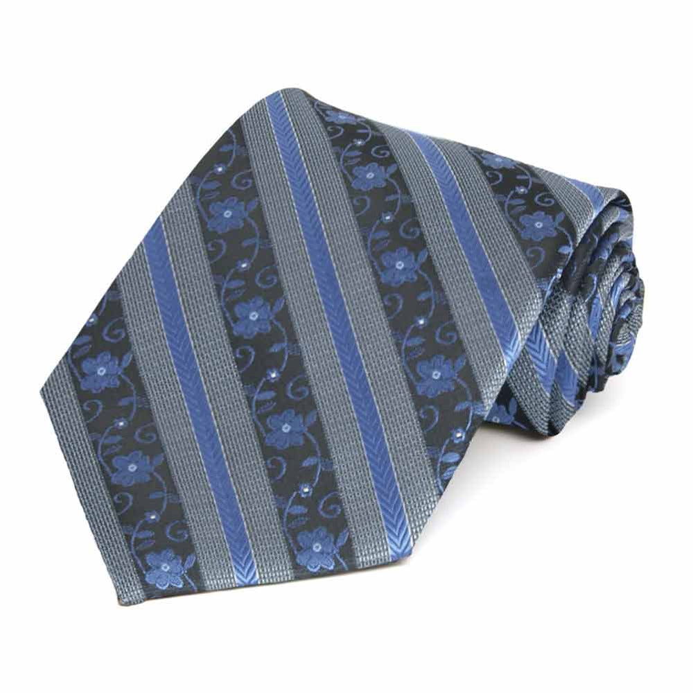 Rolled view of a blue floral stripe extra long necktie