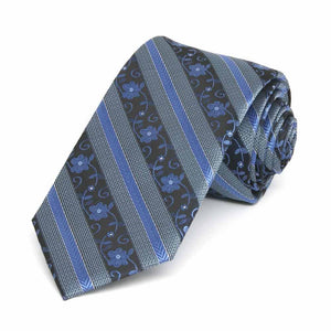 Rolled view of a blue floral stripe slim necktie